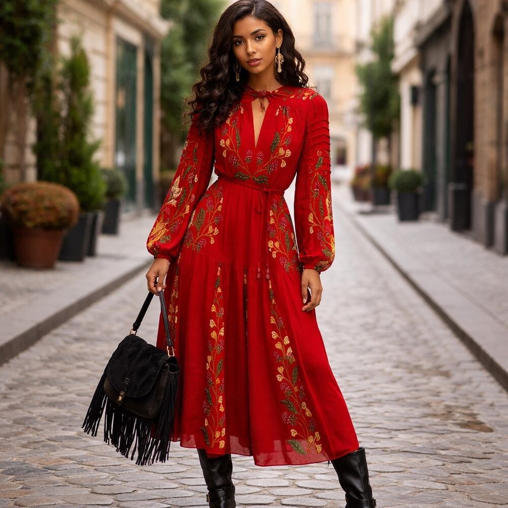 FARM Rio Red Berry Garden Long Sleeve Pleated Maxi Dress Retail $380